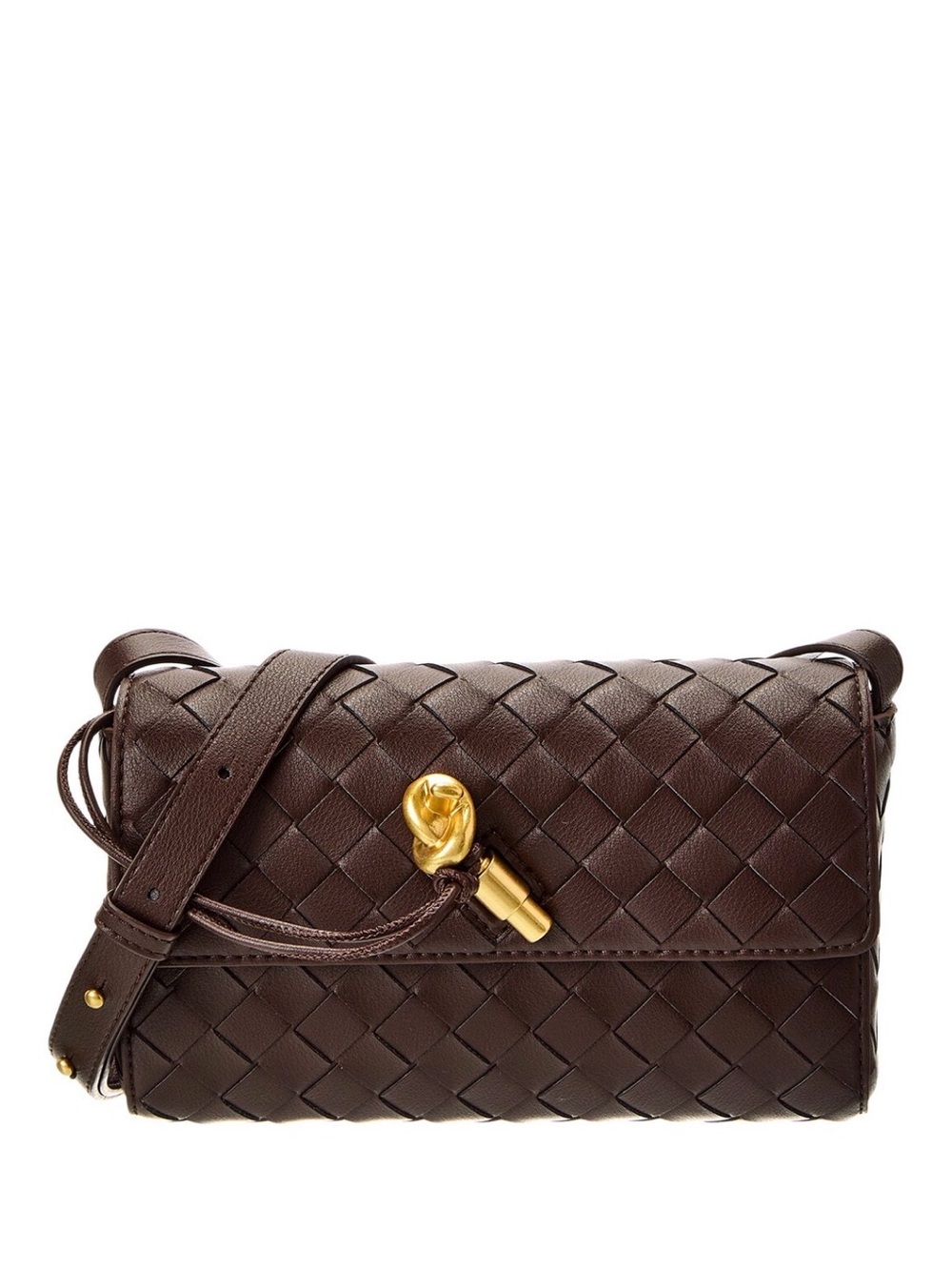 Woven Leather Crossbody Bag in Dark Brown with Gold Rose Accent